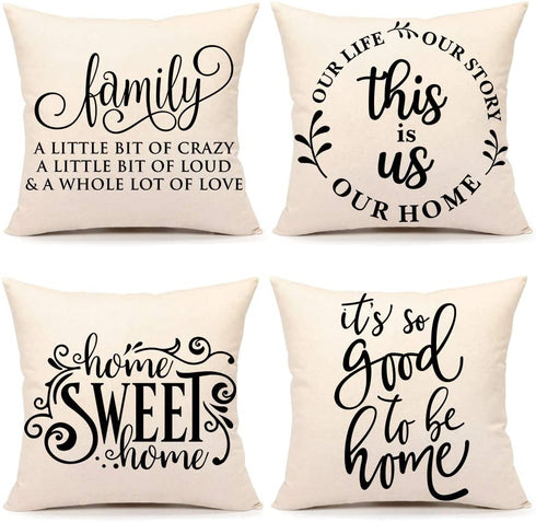4TH Emotion Farmhouse Decoration Pillow Covers 18x18 Set of 4 Family Saying This is us Our Home Cushion Case for Sofa Couch Linen Porch Decor