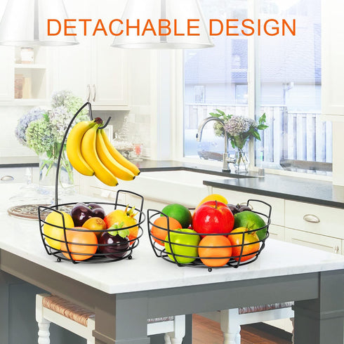 Fruit Basket, Auledio Fruit Bowl 2 Tier Fruit Basket for Kitchen with Banana Hanger, Fruit Bowl for Kitchen Counter Bread Basket Fruit Holder
