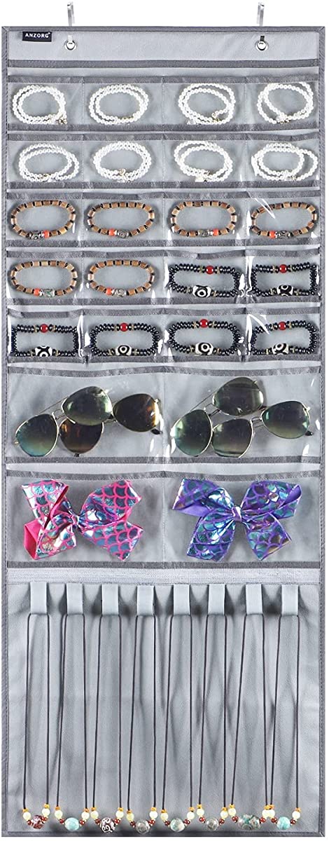 ANZORG Over The Door Hanging Jewelry Organizer Wall Mounted Earring Holder with 24 Clear Pockets and 8 Hook Loops for Necklace Bracelet Ring (24 Pockets and 8 Hook Loops-Grey)