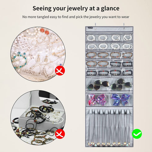 ANZORG Over The Door Hanging Jewelry Organizer Wall Mounted Earring Holder with 24 Clear Pockets and 8 Hook Loops for Necklace Bracelet Ring (24 Pockets and 8 Hook Loops-Grey)