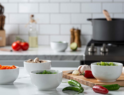 Kook Ceramic Prep & Dip Kitchen Bowls, For Ingredients, Cereal, Soup, Rice, Dessert, Microwave & Dishwasher Safe, 10 oz, White, Set of 6