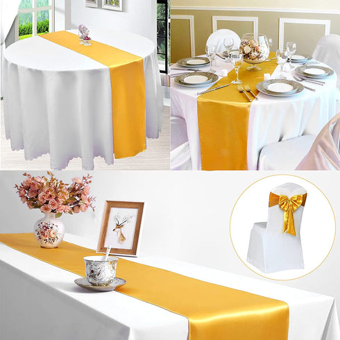 10 Pack Satin Table Runner for Wedding 12 x 108 Inch Gold Silky Wedding Table Runner for Rectangle Round Tables with 60 Pack Balloons for Thanksgiving Day Birthday Party Banquet Engagements Decoration
