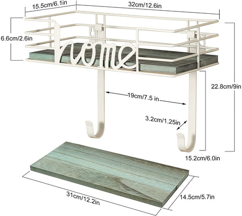 TJ.MOREE Ironing Board Hanger Wall Mount - Laundry Room Decor Iron and Ironing Board Holder, Metal Wall Mount with Large Storage Blue Wooden Base Basket and Removable Hooks
