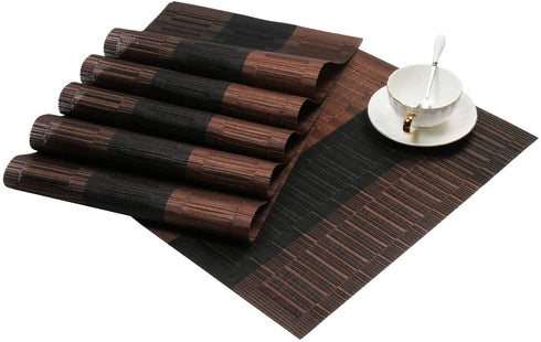 SHACOS Table Placemats Set of 6 with Table Runner Woven Vinyl Wipe Clean Heat Resistant Table Mats and Runner Set for Dining Table, Ombre Coffee Black