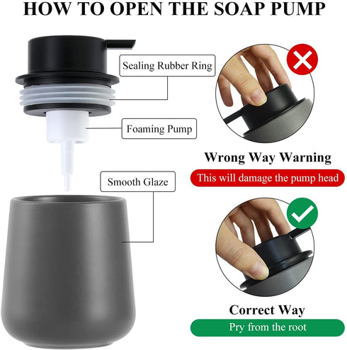 Foam Hand Soap Dispenser - 12 oz Bathroom Lotion Hand Pump Dispenser Grey Foaming Soap Dispenser Ceramic Dish Liquid Dispenser for Kitchen Hand Wash Dispenser