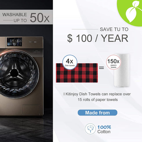 Kitinjoy 100% Cotton Buffalo Plaid Waffle Weave Kitchen Towels, 13 in x 28 in, Super Soft Absorbent Kitchen Dish Towels for Drying Dishes, 4Pack, Black/Red