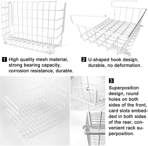 Under Shelf Basket , 2 Pack White Wire Under Shelf Basket , Slides Under Shelves for Storage, Space Saving for Kitchen Counter Pantry Desk Bookshelf Cupboard