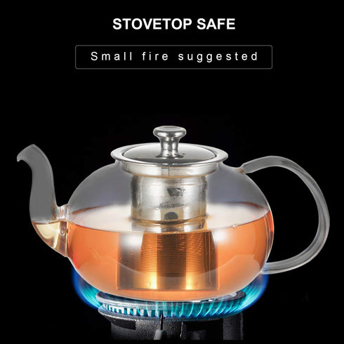 Glass Teapot Kettle, OAMCEG 40 OZ / 1.2 L Teapot with Removable Infuser & Lid & Handle, Glass Tea Kettle Stovetop Safe, Great For Loose Leaf Tea, Blooming Tea, Tea Bags & Fruit Infused Water