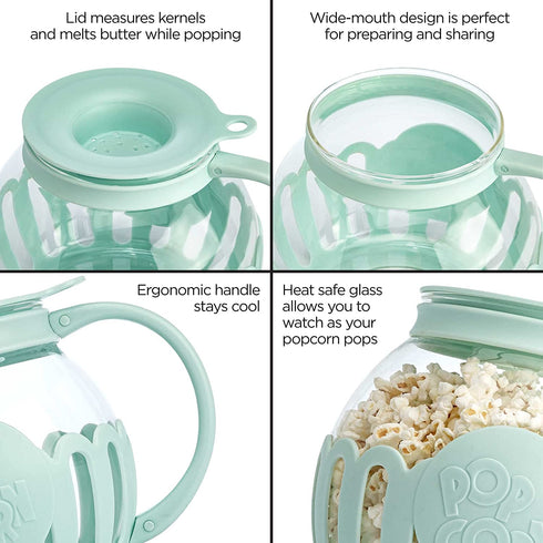 Ecolution Patented Microwave Micro-Pop Popcorn Popper, Borosilicate Glass, 3-in-1 Lid, Dishwasher Safe, BPA Free, 3 Quart Family Size, Aqua