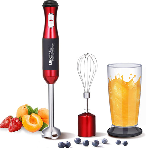 LINKChef Immersion Blender 3-in-1, 300 Watt 20 Speed Hand Blender Powerful Copper Motor 800ml Beaker, 304 Stainless Steel Whisk Attachments, Red/Black (HB-1230)