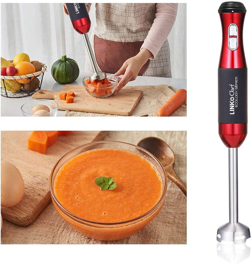 LINKChef Immersion Blender 3-in-1, 300 Watt 20 Speed Hand Blender Powerful Copper Motor 800ml Beaker, 304 Stainless Steel Whisk Attachments, Red/Black (HB-1230)