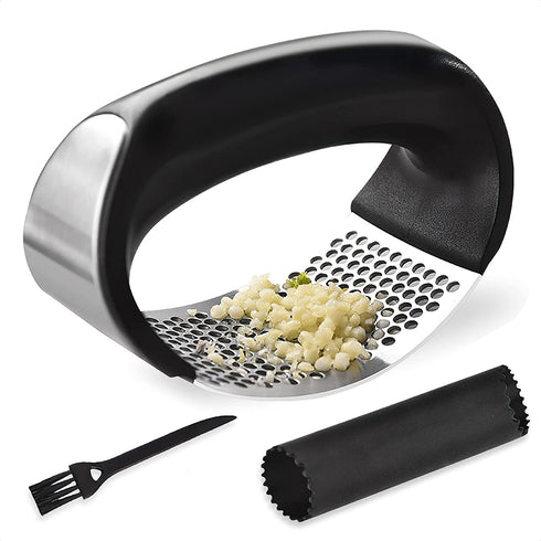 Habitaby® - Garlic Press - Garlic Press Stainless Steel - Garlic Press Rocker - Garlic Chopper - Garlic Crusher - Garlic Mincer - With Free Silicone Garlic Peeler and Cleaning Brush