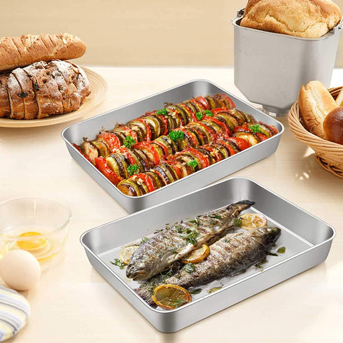 TeamFar Lasagna Pan, 12…–™™ x 9¾™™ x 2™™, Stainless Steel Rectangular Casserole Cake Baking Brownie Pan, Non-toxic & Sturdy, Brushed Surface & Deep Side, Dishwasher Safe, 2PCS