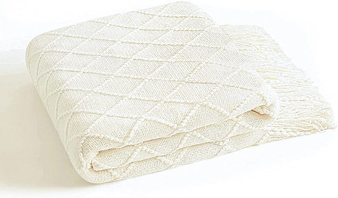 Inhand Knitted Throw Blankets for Couch and Bed, Soft Cozy Knit Blanket with Tassel, Off White Lightweight Decorative Blankets and Throws, Farmhouse Warm Woven Blanket for Men and Women, 50"x60"