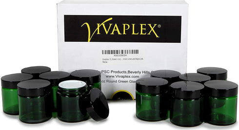 Vivaplex, 12, Green, 4 oz, Round Glass Jars, with Inner Liners and black Lids