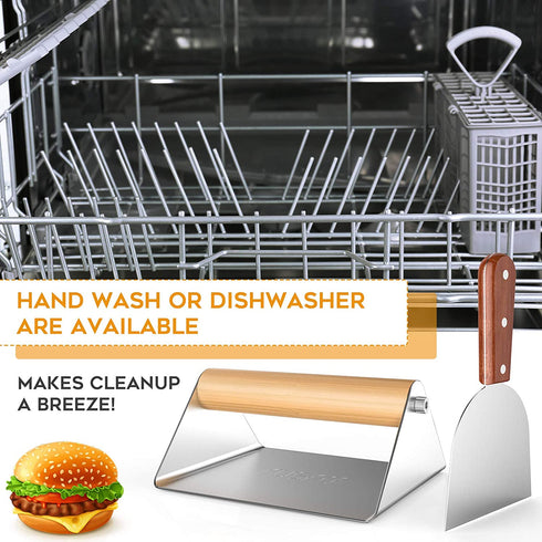 RUSFOL Large Stainless Steel Grill Smasher with a Stainless Steel Griddle Spatula, Heavy Duty Bacon Press,Wooden Handle Burger Smasher, No Rust,Easy to Maintain&Use, Good for Indoor&Outdoor use