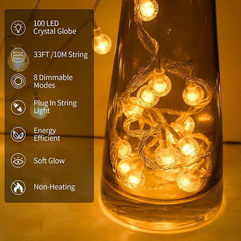 Christmas Lights Outdoor/Indoor String Lights Connectable Plug in 33 FT 100 LED Mini Crystal Globe Bulbs Christmas Lights for Tree with Remote Control 8 Lighting Modes for Christmas Decor Warm White