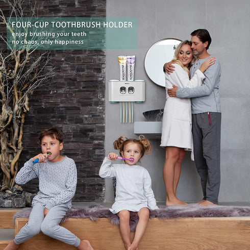 WREWING Toothbrush Holder Multi-Function Wall-Mounted Automatic Toothpaste Dispenser and Dust-Proof Toothbrush Holder with 5 Brush Slots 4 Cups 2 Automatic Toothpaste Dispensers 1 Storage Slot For Bat