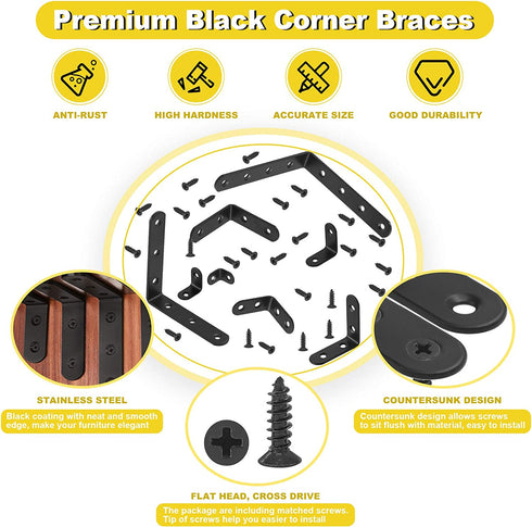 Mardatt 20 Sets 20x20mm Stainless Steel Black L Brackets Corner Braces Right Angle Brackets Heavy Duty with Mounting Screws for Wood Shelf Chair Cabinet Furniture Brackets