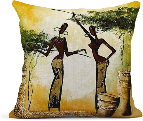 Artsocket Set of 4 Linen Throw Pillow Covers Oil Painting African Women Decorative Pillow Cases Home Decor Square 18x18 inches Pillowcases