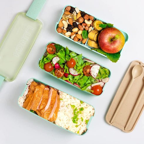 UHAPPYEE Bento box Japanese Lunch Box,Lunch Box Kit 3-In-1 Compartment,Leak-proof Wheat Straw Lunch Container Bento Lunch Box for Adults/Kids (Green)