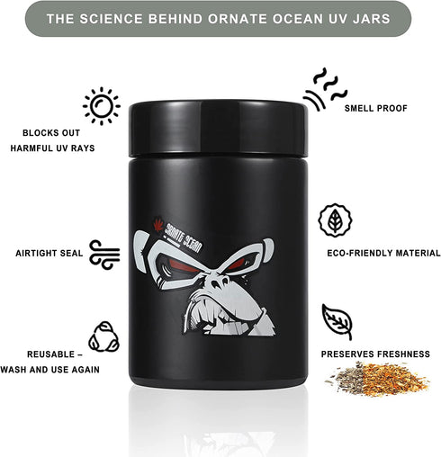 Ornate Ocean 4-Pack 250ml UV Glass Stash Jars - 4 Piece Set Multipurpose Storage Containers - Convenient Airtight Smell Free Screw Top Lid Jars Preserves and Secures Your Herbs