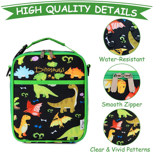 Kasqo Lunch Box Bag for Kids, Insulated Cute Lunch Bag with Shoulder strap Water Bottle Holder Mini Cooler Thermal Meal Tote Kit for Toddler Boys and Girls, Black Dinosaur