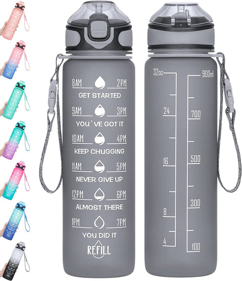 Water Bottle 32oz with Straw, Motivational Water Bottle with Time Marker & Buckle Strap,Leak-Proof Tritan BPA-Free, Ensure You Drink Enough Water for Fitness, Gym, Camping, Outdoor Sports