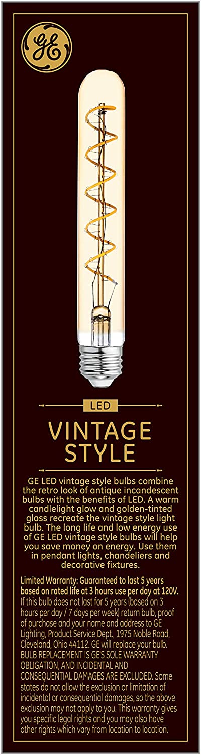 GE Lighting 36513 Amber Glass Bulb LED Vintage Style Dimmable T9 Tube 5 (60-Watt Replacement), 250-Lumen Medium Base, Warm Candle Light