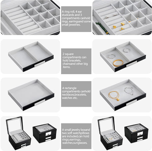 Oyydecor 3-Layer Jewelry Organizer with 2 Drawers Pu Leather Jewelry Box Organizer Display Storage case Necklace Ring Earring Storage Lockable Gift Case Gifts for Women