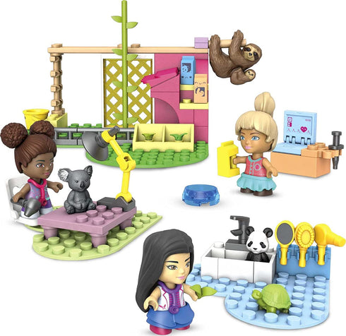 Mega Barbie Animal Grooming Station Building Set, 97 Bricks and Pieces with Fashion and Roleplay Accessories, 3 Micro-Dolls, 1 Panda, 1 Koala, 1 Turtle and 2 Sloths, Toy Gift Set for Ages 5 and up
