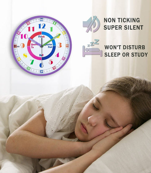 Telling Time Teaching Wall Clock, Silent Movement, Educational Wall Clock, Makes Kids Learning Time Faster and Fun. Its Perfect for Parents and Teachers, Decorate Kids Bedroom or Classroom,Purple