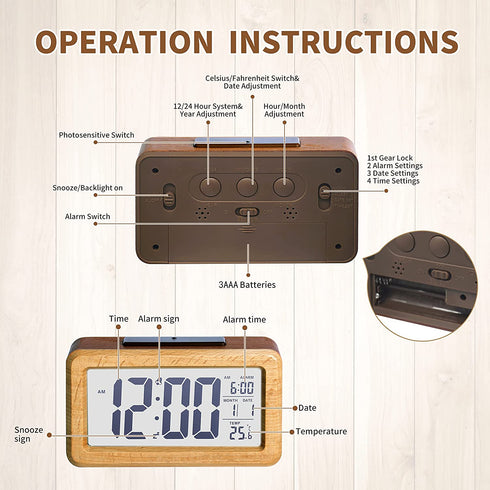 Wooden Digital Alarm Clock, Large LED Display, 12/24 Hours Display,Smart Sensor Night Light,Date,Snooze and Temperature, Battery Operated,Bedside Alarm Clock for Bedroom, Desk Alarm Clock for Office
