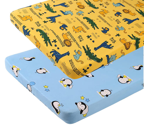 Tontukatu Pack n Play Stretchy Fitted Playard Sheet Set 2 Pack Jersey Knit Ultra Soft Baby Boy Girl Portable Mini Crib Sheets,Convertible Playard Mattress Cover,Penguin Crocodile Monkey Blue Yellow