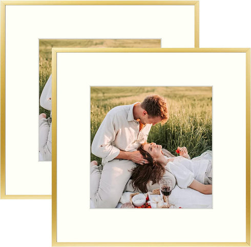 AUEAR, 12x12 Gold Aluminum Metal Wall Mounting Frame with Ivory Mat for Photo & Real Glass (2-Pack)