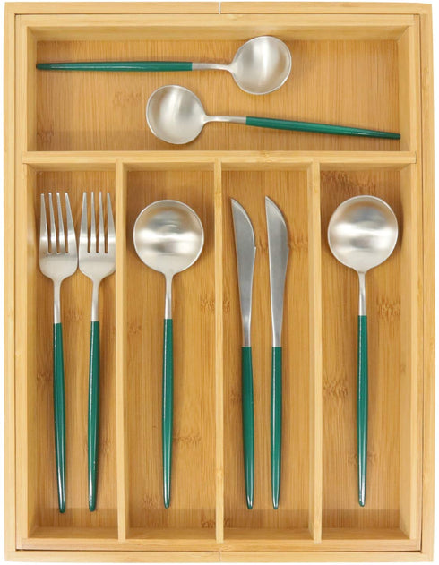 Bamboo Silverware Organizer, Expandable Kitchen Drawer Organizer for Cutlery, Wooden Utensil Holder, Multi-Function Drawer Storage, 5-7 Compartments