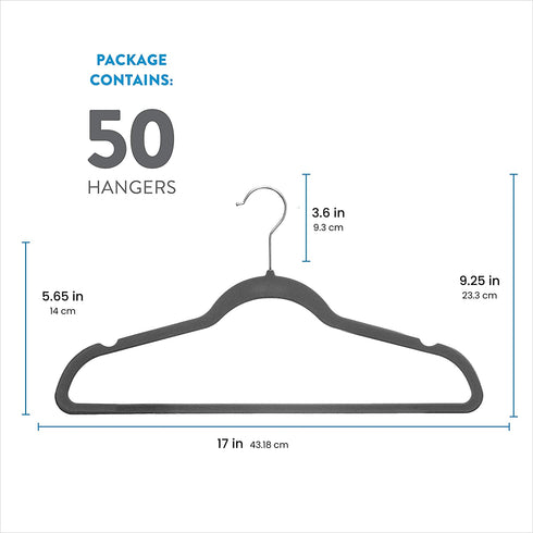 Zober Premium Quality Space Saving Velvet Hangers Strong and Durable Hold Up to 10 Lbs - 360 Degree Chrome Swivel Hook - Ultra Thin Non Slip Suit Hangers, Grey - 50 Pack