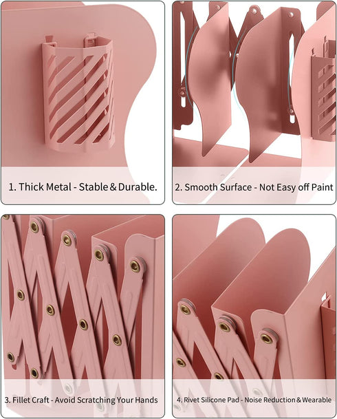 Expandable Bookend, Extra Long Telescopic Size Adjustable Bookends with Pen Holder, Metal Bookends Holder for Heavy Duty Books, Book Ends for Shelves & Office, Pink