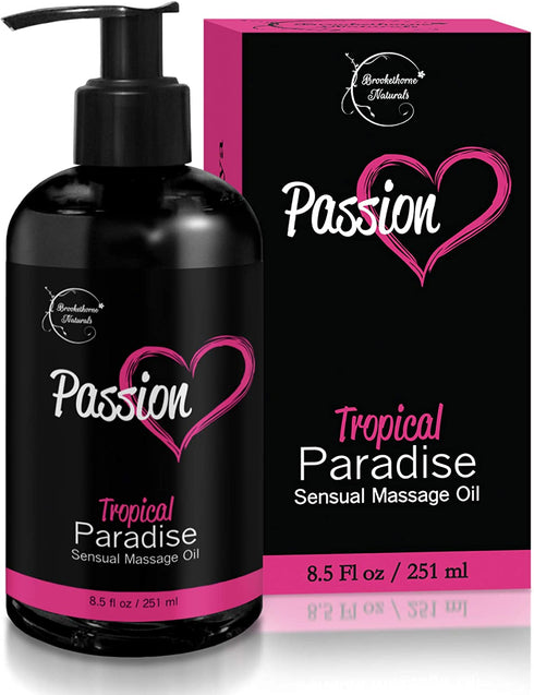 Passion Sensual Massage Oil for Couples Massage. All Natural, Tropical Paradise Scent with Almond & Jojoba Oil. Ideal for Full Body & Muscle Massage – for Women & Men - 8oz