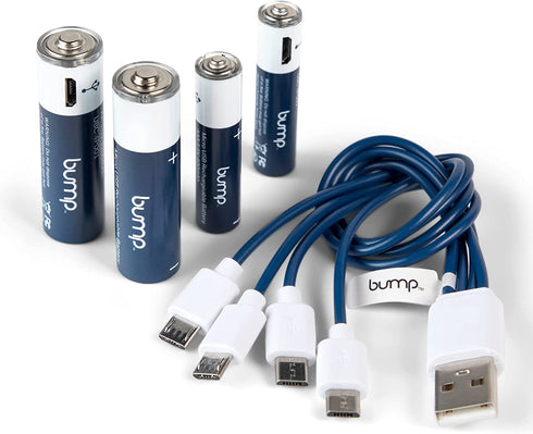 BUMP 2 AA + 2 AAA Rechargeable Batteries – Battery 4 Pack - Lithium Polymer, High Output, Fast & Long Lasting USB-C Charge, Use w/Remote Control, Toys, Keyboards, Charger Cable Included
