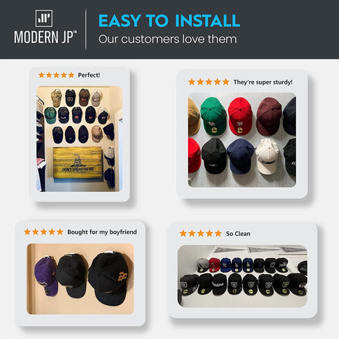 Modern JP Adhesive Hat Hooks for Wall (16-Pack) - Minimalist Hat Rack Design, No Drilling, Strong Hold Hat Hangers - U.S. Patent Pending