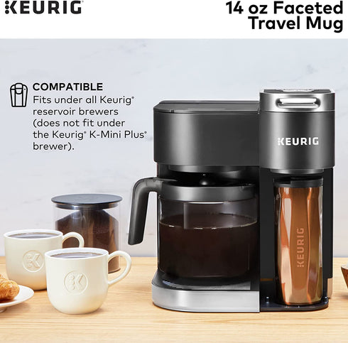 Keurig Faceted Stainless Steel Coffee Travel Mug, Fits Under Any Keurig K-Cup Pod Coffee Maker, 14 oz, Copper