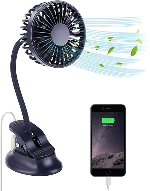 Mikikin Portable Mini Clip on Stroller Fan, 3 Speeds Settings, Flexible Bendable USB Rechargeable Battery Operated Quiet Desk Fan Ideal for Home, Office, Car, Travel, Camping, Outdoor