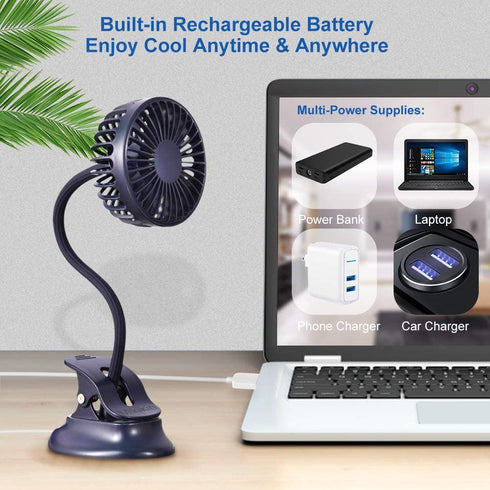 Mikikin Portable Mini Clip on Stroller Fan, 3 Speeds Settings, Flexible Bendable USB Rechargeable Battery Operated Quiet Desk Fan Ideal for Home, Office, Car, Travel, Camping, Outdoor