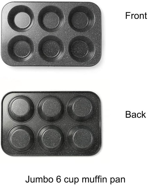MONFISH Muffin Pan 6 Jumbo Cup Carbon Steel Black Stone non Stick Coating Muffin cupcake Tin 3.5inch cup 13.385x8.66x1.77 inch