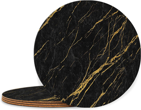 Round Cork Placemats for Dining Table Set of 4-13.7"Large Circles for Cork Hot Pads/Pots/Plates-Washable Waterproof Wipable Non Slip Stain for Kitchen Dining Table-Black Marble Golden Texture Pattern