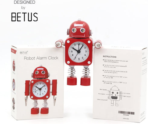 Betus Non-Ticking Robot Alarm Clock Stainless Metal - Wake-up Clock with Flashing Eye Lights and Hand Clip (Ruby Red)