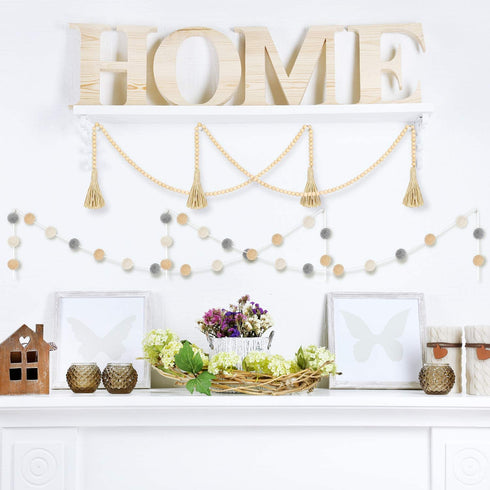 WILLBOND 2 Pieces Boho Wooden Bead Garlands Boho Garland Decor Farmhouse Rustic Country Beads and 2 Pieces Felt Ball Garlands Farmhouse Bead Tassel Hanging Garland for Christmas Party Home Decoration