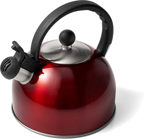 Diamond Home 2.5 Liter Stainless Steel Whistling Tea Kettle - Modern Stainless Steel Whistling Tea Pot for Stovetop with Cool Grip Ergonomic Handle - Red
