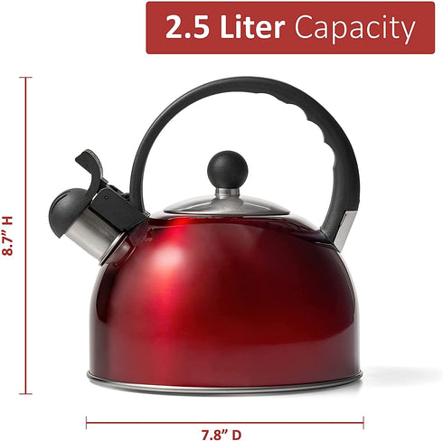 Diamond Home 2.5 Liter Stainless Steel Whistling Tea Kettle - Modern Stainless Steel Whistling Tea Pot for Stovetop with Cool Grip Ergonomic Handle - Red
